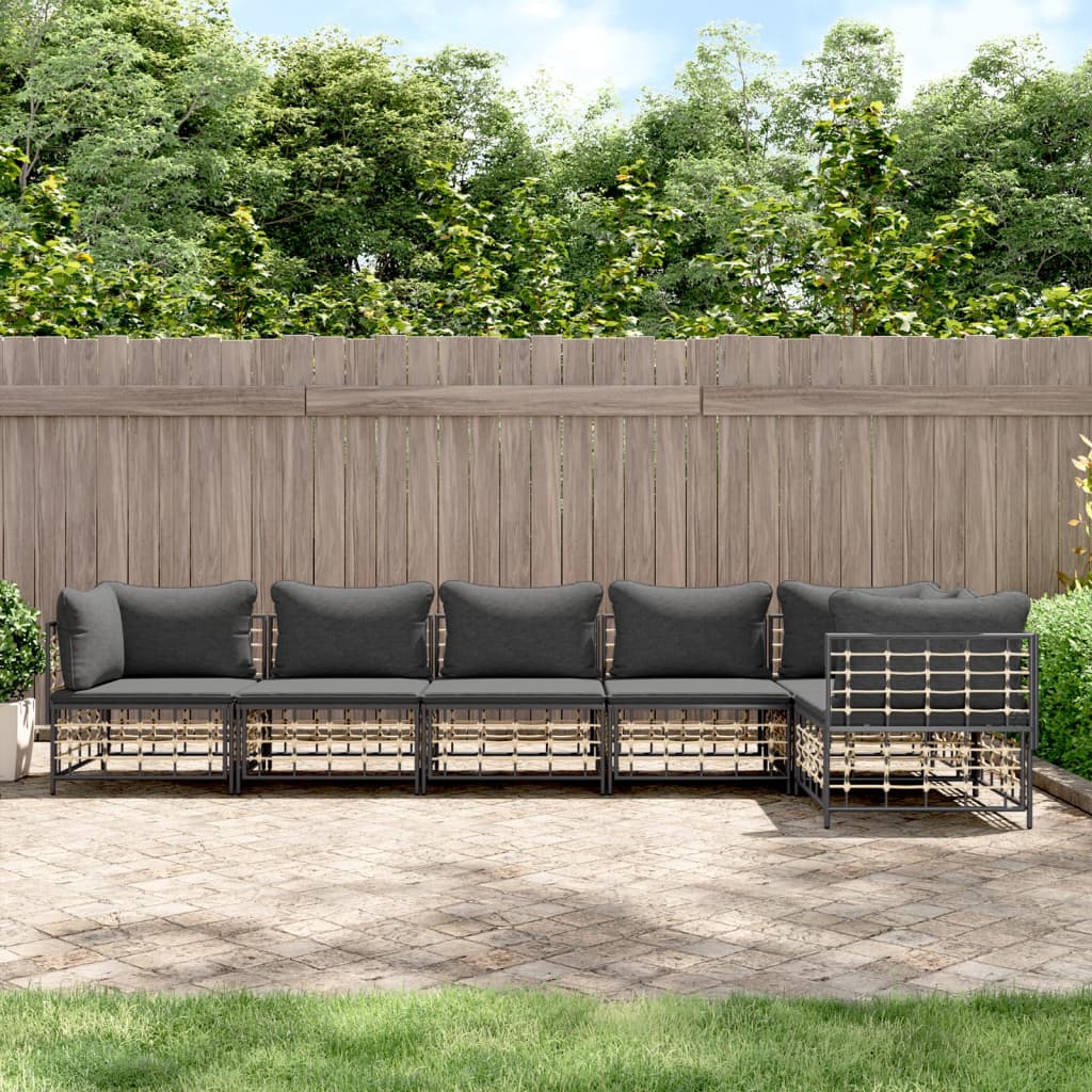 6-Delige Loungeset Met Kussens Poly Rattan Antracietkleurig 1 Donkergrijs 3x hoek + 3x midden