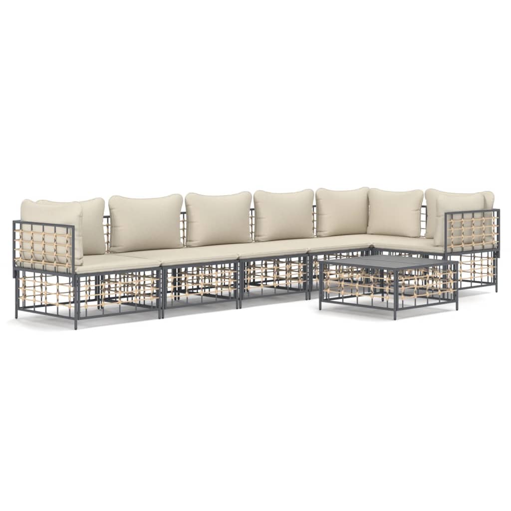 7-Delige Loungeset Met Kussens Poly Rattan Antracietkleurig 1 Beige 3x hoek + 3x midden + Tafel