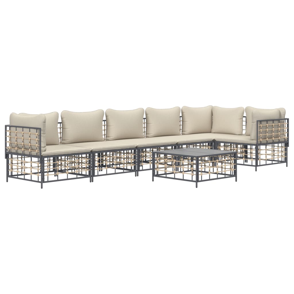 7-Delige Loungeset Met Kussens Poly Rattan Antracietkleurig 1 Beige 3x hoek + 3x midden + Tafel