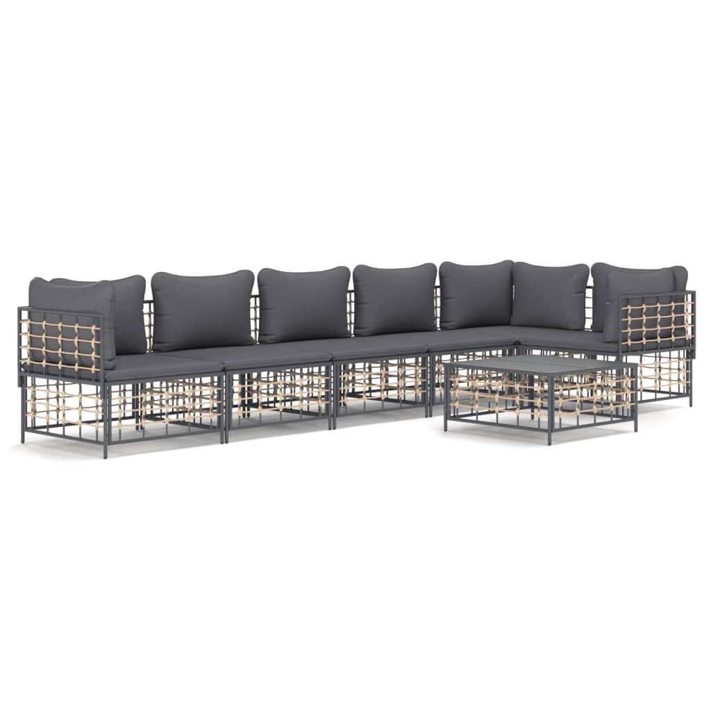 7-Delige Loungeset Met Kussens Poly Rattan Antracietkleurig 1 Donkergrijs 3x hoek + 3x midden + Tafel