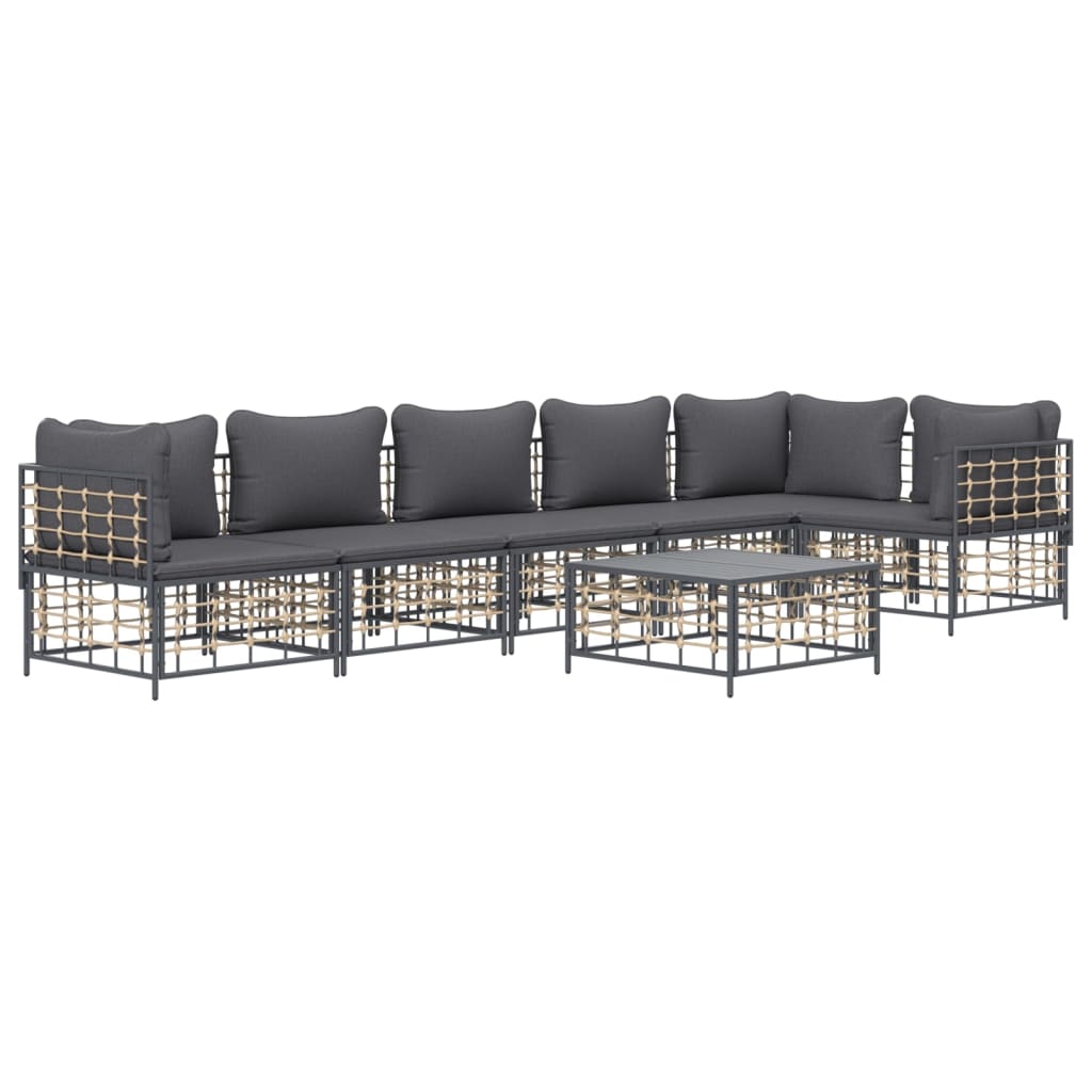 7-Delige Loungeset Met Kussens Poly Rattan Antracietkleurig 1 Donkergrijs 3x hoek + 3x midden + Tafel