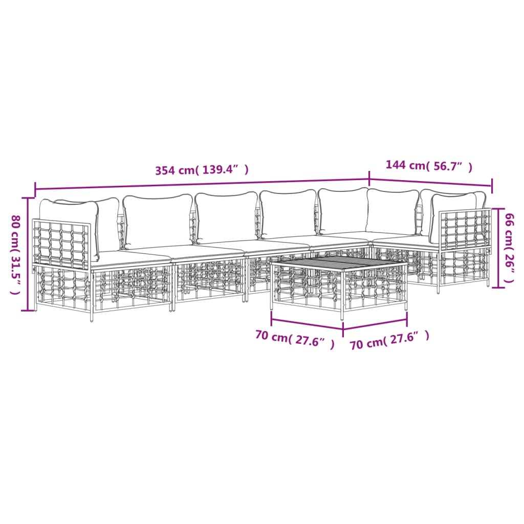 7-Delige Loungeset Met Kussens Poly Rattan Antracietkleurig 1 Donkergrijs 3x hoek + 3x midden + Tafel