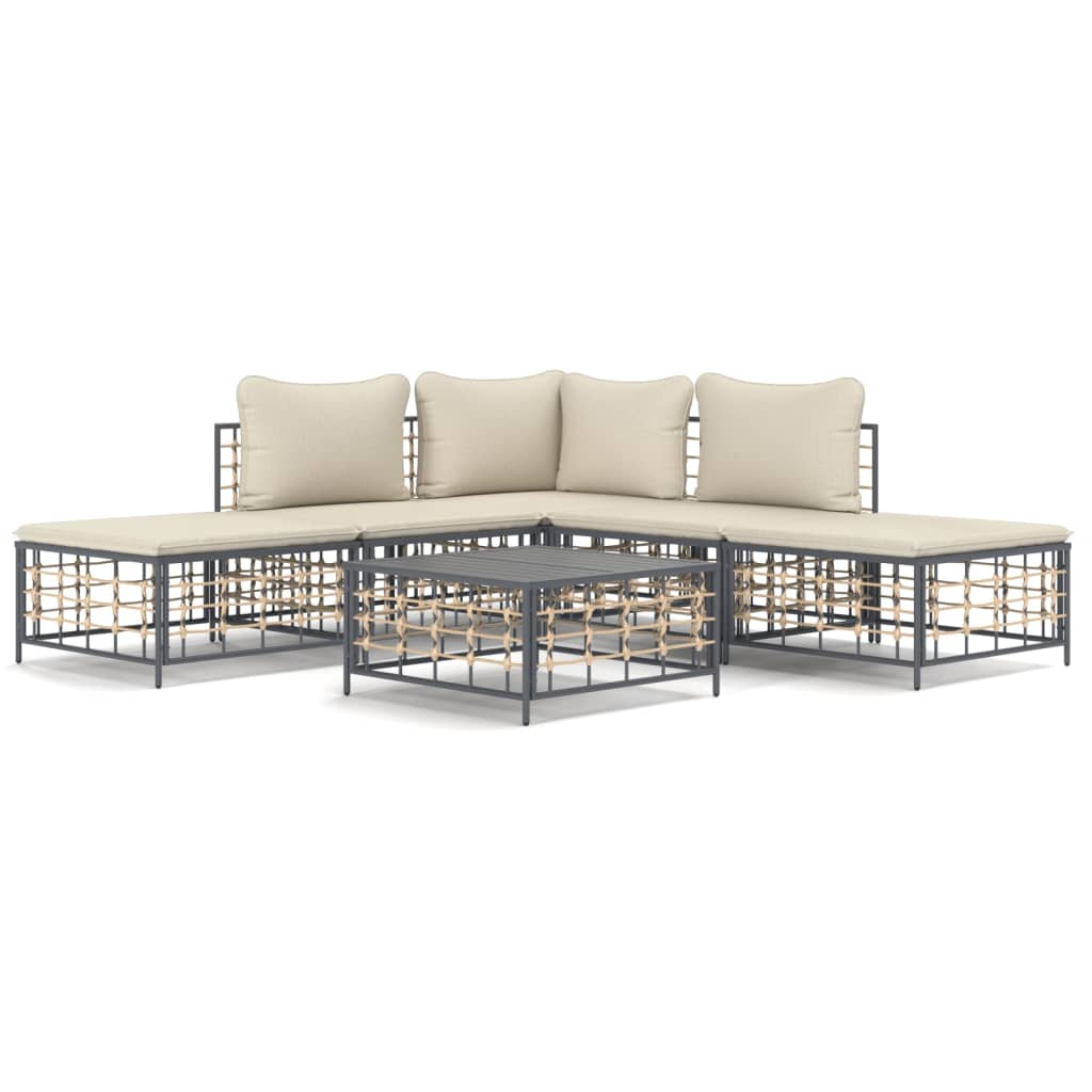 6-Delige Loungeset Met Kussens Poly Rattan Antracietkleurig 1 Beige hoek + 2x midden + 2x voetensteun + Tafel