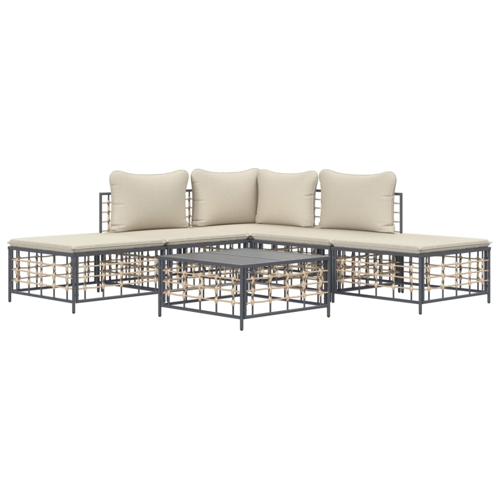 6-Delige Loungeset Met Kussens Poly Rattan Antracietkleurig 1 Beige hoek + 2x midden + 2x voetensteun + Tafel