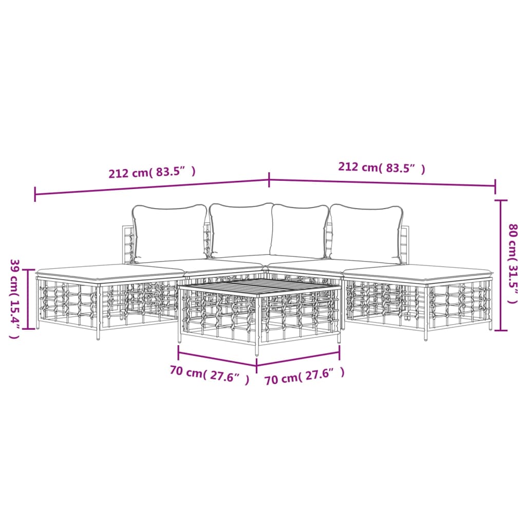 6-Delige Loungeset Met Kussens Poly Rattan Antracietkleurig 1 Beige hoek + 2x midden + 2x voetensteun + Tafel