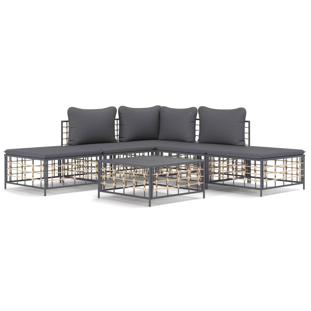 6-Delige Loungeset Met Kussens Poly Rattan Antracietkleurig 1 Donkergrijs hoek + 2x midden + 2x voetensteun + Tafel