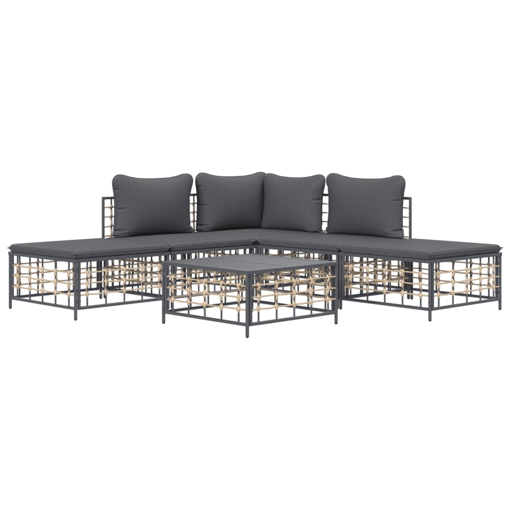 6-Delige Loungeset Met Kussens Poly Rattan Antracietkleurig 1 Donkergrijs hoek + 2x midden + 2x voetensteun + Tafel