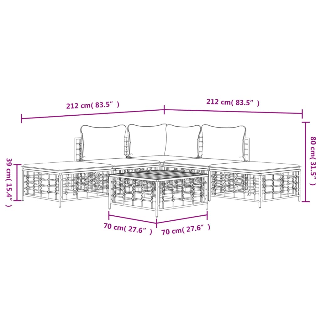 6-Delige Loungeset Met Kussens Poly Rattan Antracietkleurig 1 Donkergrijs hoek + 2x midden + 2x voetensteun + Tafel