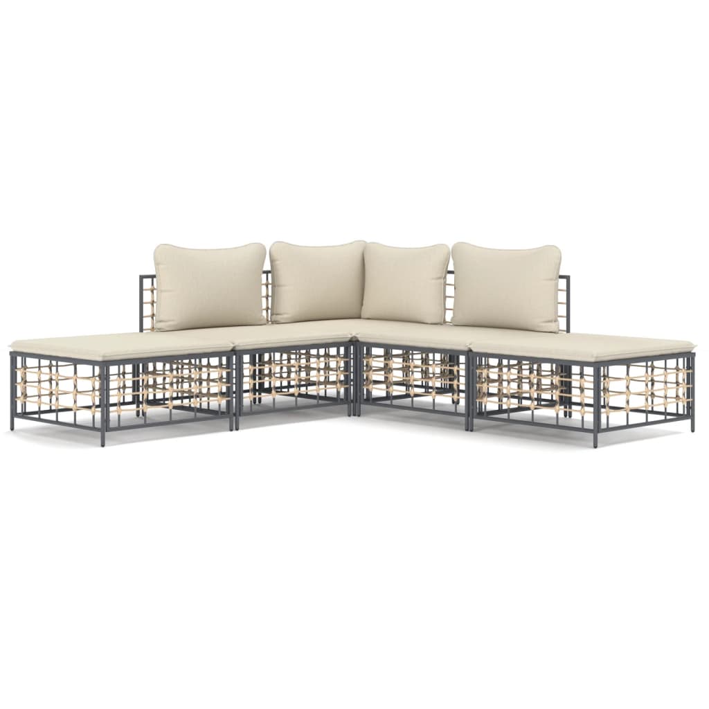 5-Delige Loungeset Met Kussens Poly Rattan Antracietkleurig 1 Beige hoek + 2x midden + 2x voetensteun