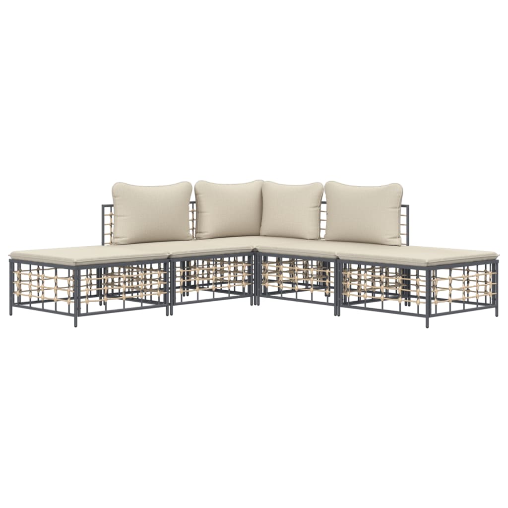 5-Delige Loungeset Met Kussens Poly Rattan Antracietkleurig 1 Beige hoek + 2x midden + 2x voetensteun