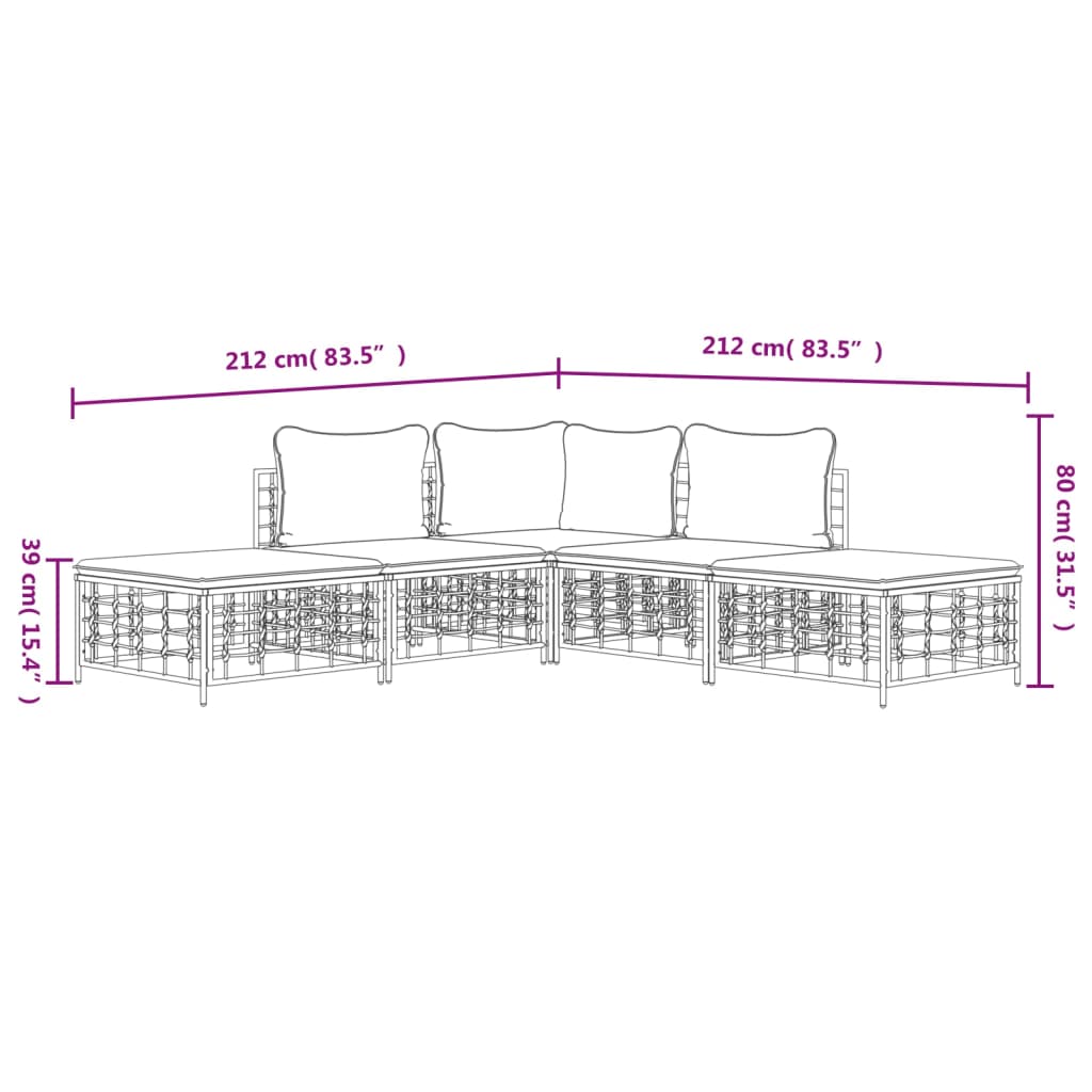 5-Delige Loungeset Met Kussens Poly Rattan Antracietkleurig 1 Donkergrijs hoek + 2x midden + 2x voetensteun