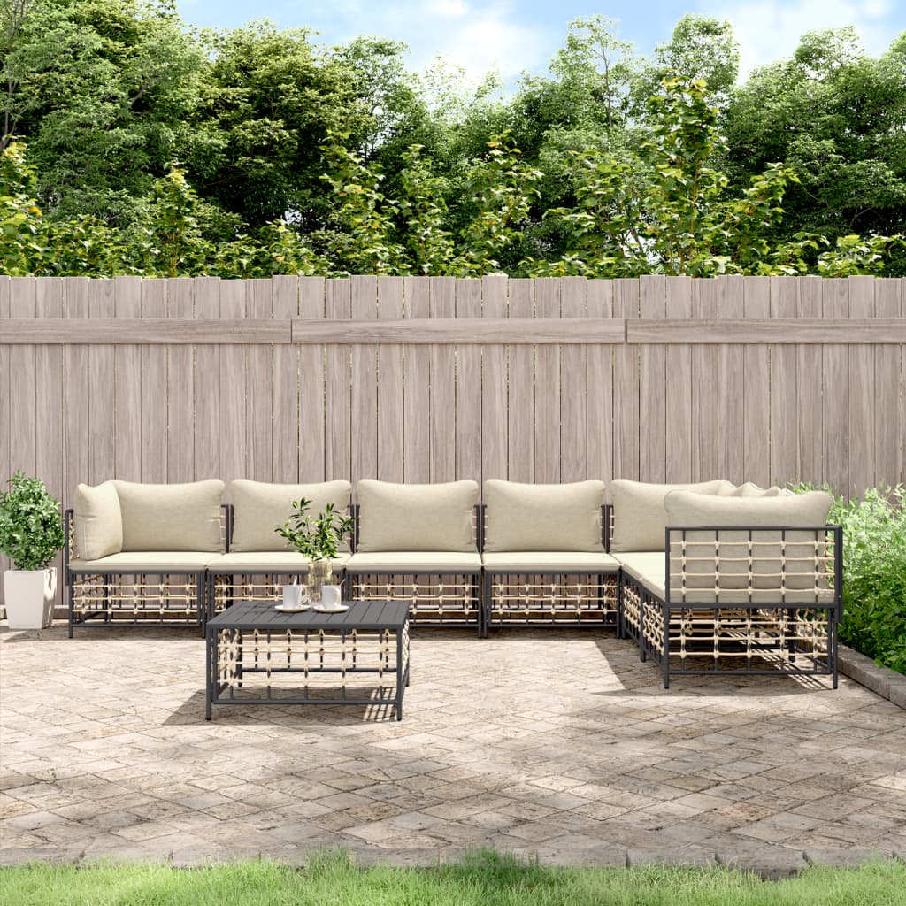 8-Delige Loungeset Met Kussens Poly Rattan Antracietkleurig 1 Beige 3x hoek + 4x midden + Tafel