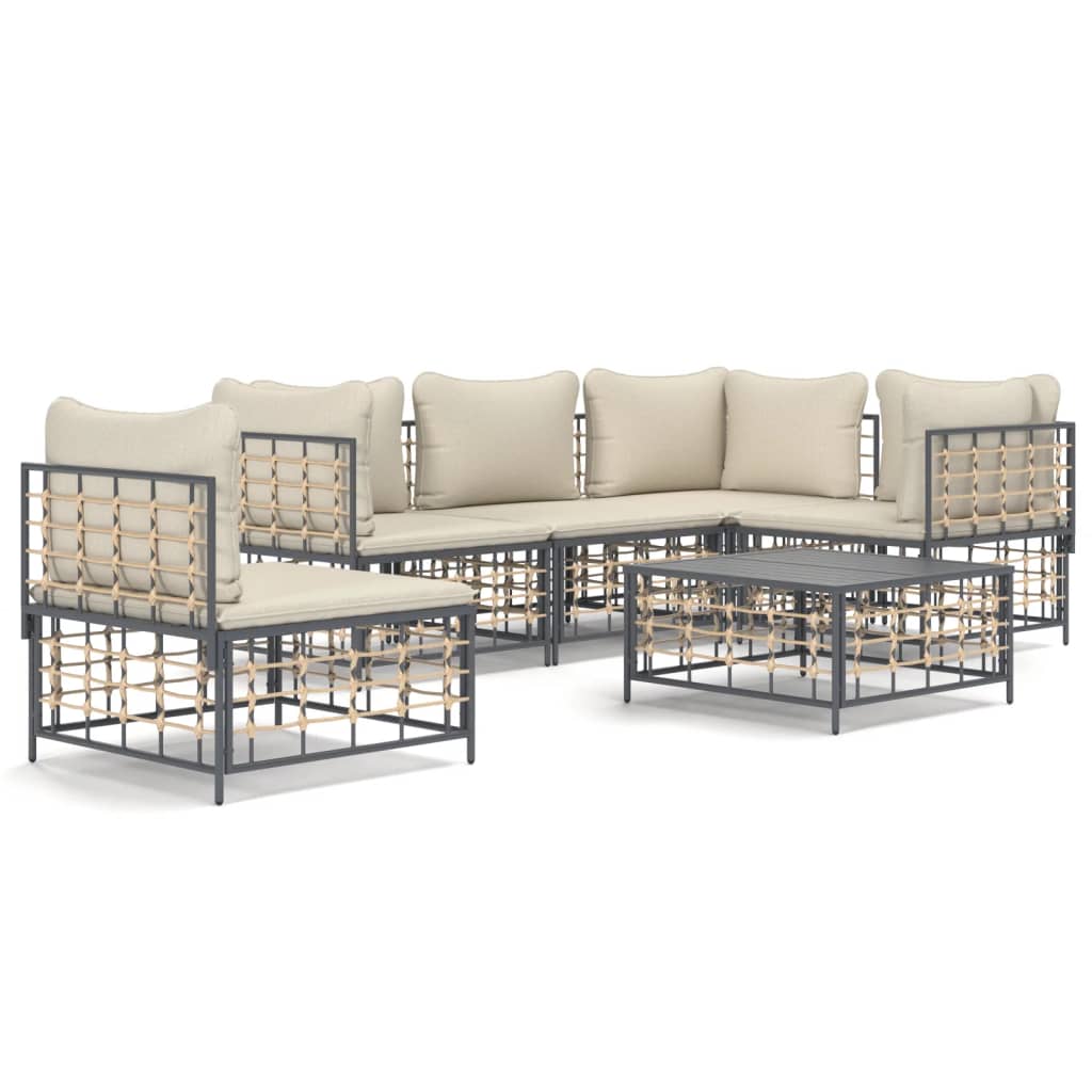 6-Delige Loungeset Met Kussens Poly Rattan Antracietkleurig 1 Beige 3x hoek + 2x midden + Tafel