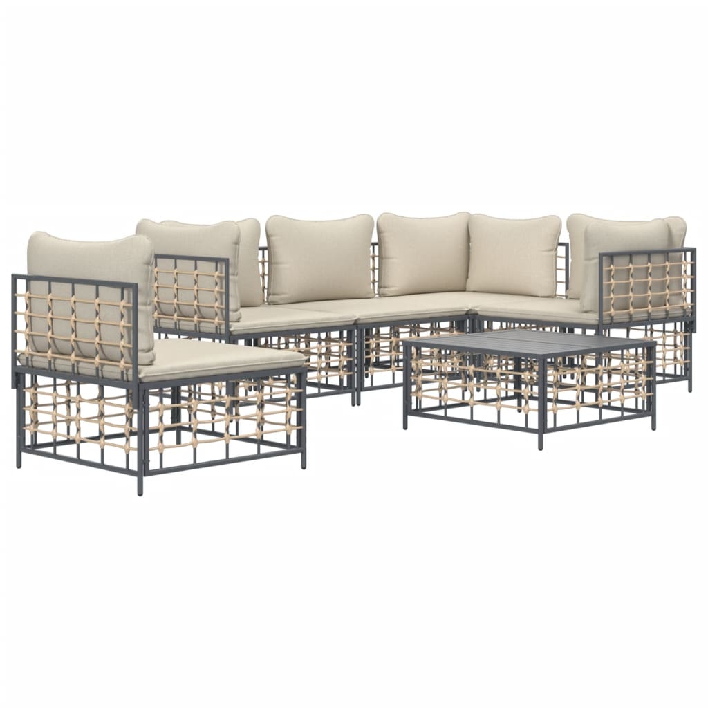 6-Delige Loungeset Met Kussens Poly Rattan Antracietkleurig 1 Beige 3x hoek + 2x midden + Tafel