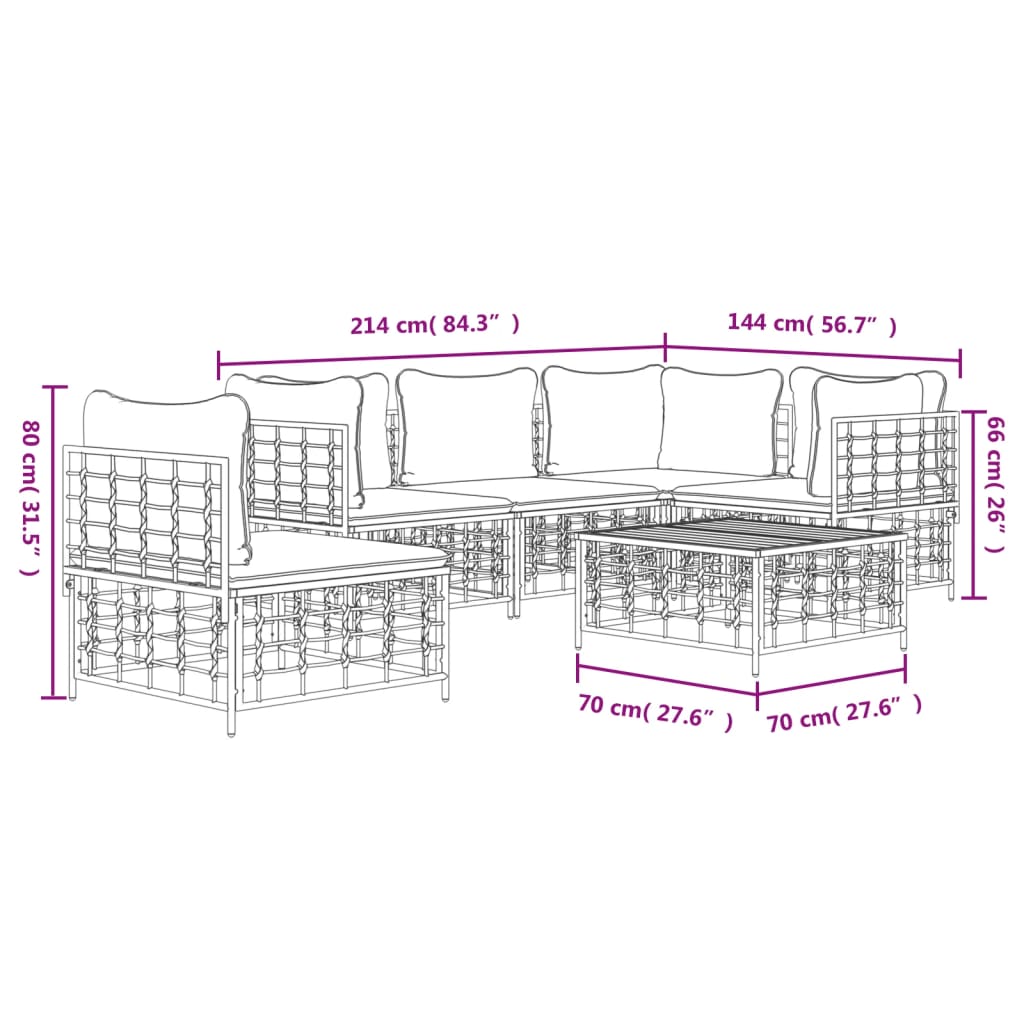 6-Delige Loungeset Met Kussens Poly Rattan Antracietkleurig 1 Beige 3x hoek + 2x midden + Tafel