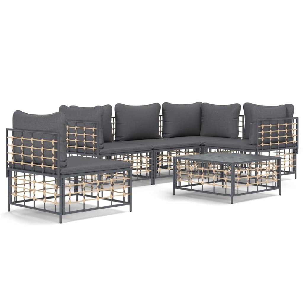 6-Delige Loungeset Met Kussens Poly Rattan Antracietkleurig 1 Donkergrijs 3x hoek + 2x midden + Tafel