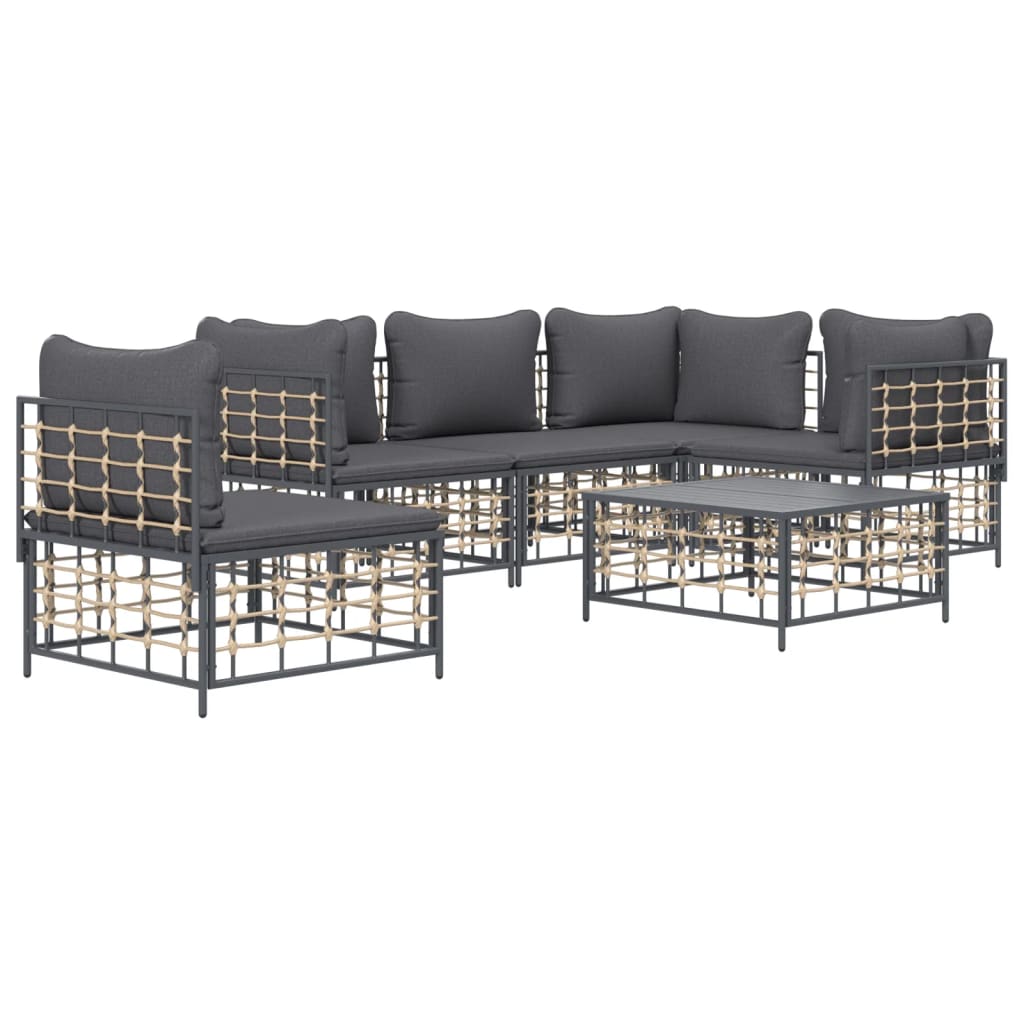 6-Delige Loungeset Met Kussens Poly Rattan Antracietkleurig 1 Donkergrijs 3x hoek + 2x midden + Tafel