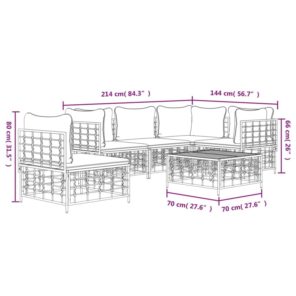 6-Delige Loungeset Met Kussens Poly Rattan Antracietkleurig 1 Donkergrijs 3x hoek + 2x midden + Tafel