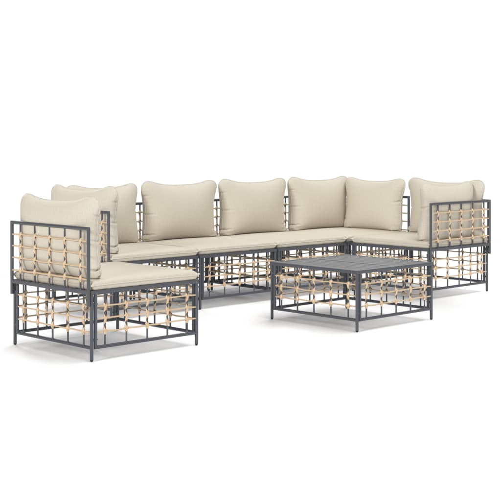 7-Delige Loungeset Met Kussens Poly Rattan Antracietkleurig 1 Beige 3x hoek + 3x midden + Tafel