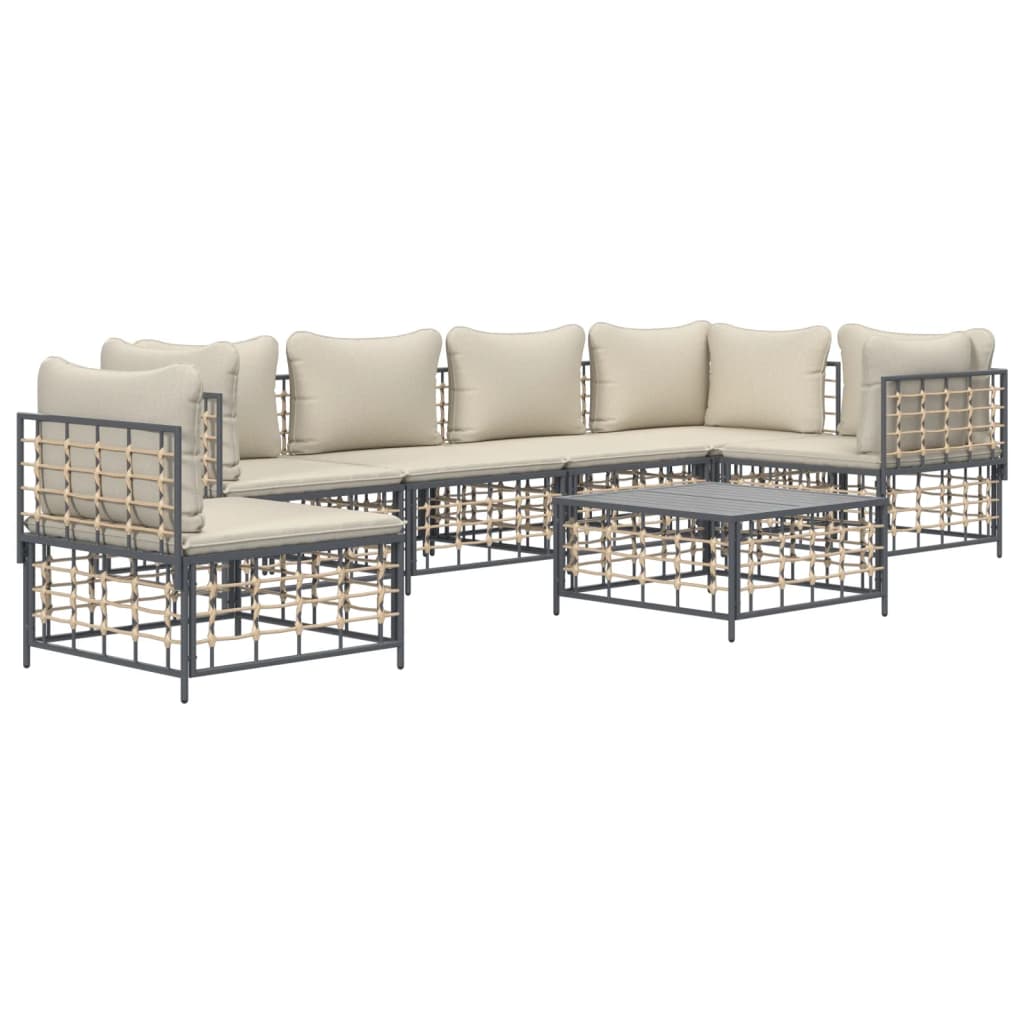 7-Delige Loungeset Met Kussens Poly Rattan Antracietkleurig 1 Beige 3x hoek + 3x midden + Tafel