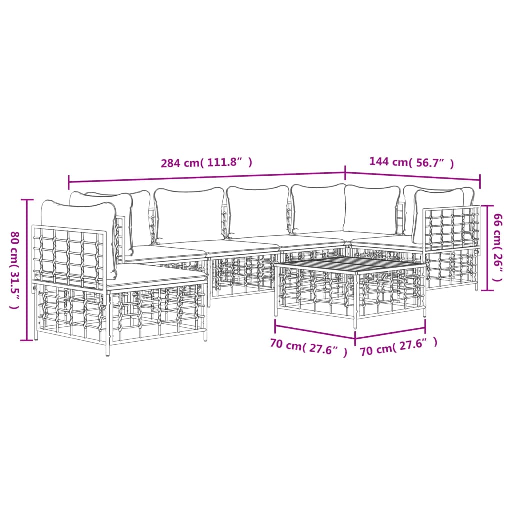 7-Delige Loungeset Met Kussens Poly Rattan Antracietkleurig 1 Beige 3x hoek + 3x midden + Tafel