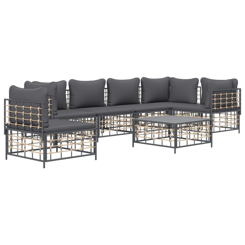 7-Delige Loungeset Met Kussens Poly Rattan Antracietkleurig 1 Donkergrijs 3x hoek + 3x midden + Tafel