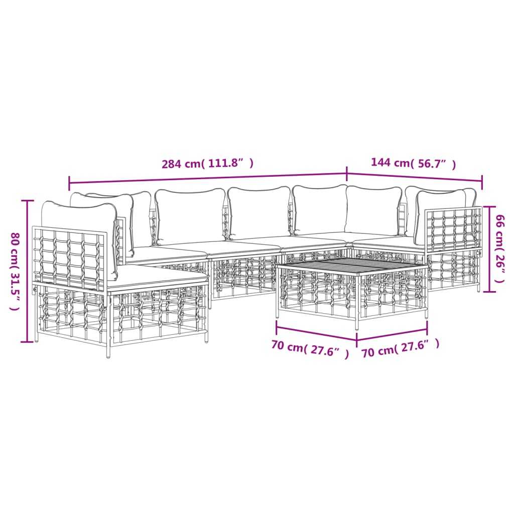 7-Delige Loungeset Met Kussens Poly Rattan Antracietkleurig 1 Donkergrijs 3x hoek + 3x midden + Tafel