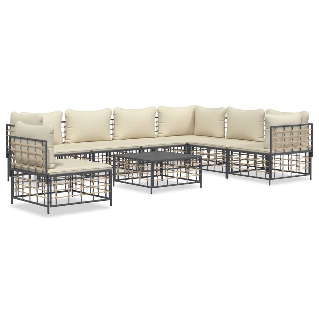 8-Delige Loungeset Met Kussens Poly Rattan Antracietkleurig 1 Beige 3x hoek + 4x midden + Tafel