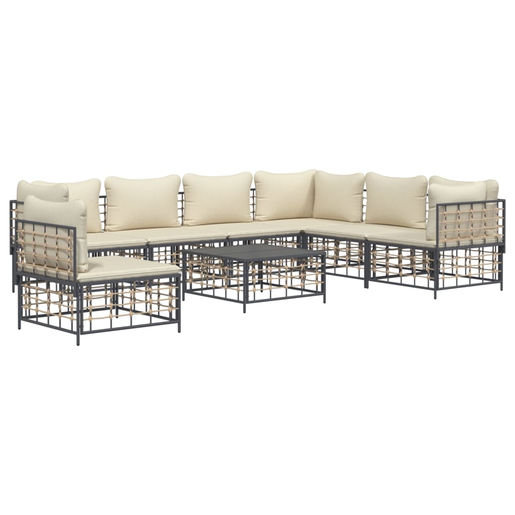 8-Delige Loungeset Met Kussens Poly Rattan Antracietkleurig 1 Beige 3x hoek + 4x midden + Tafel