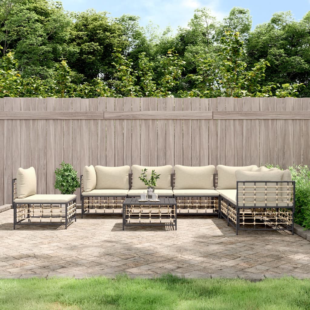 8-Delige Loungeset Met Kussens Poly Rattan Antracietkleurig 1 Beige 3x hoek + 4x midden + Tafel