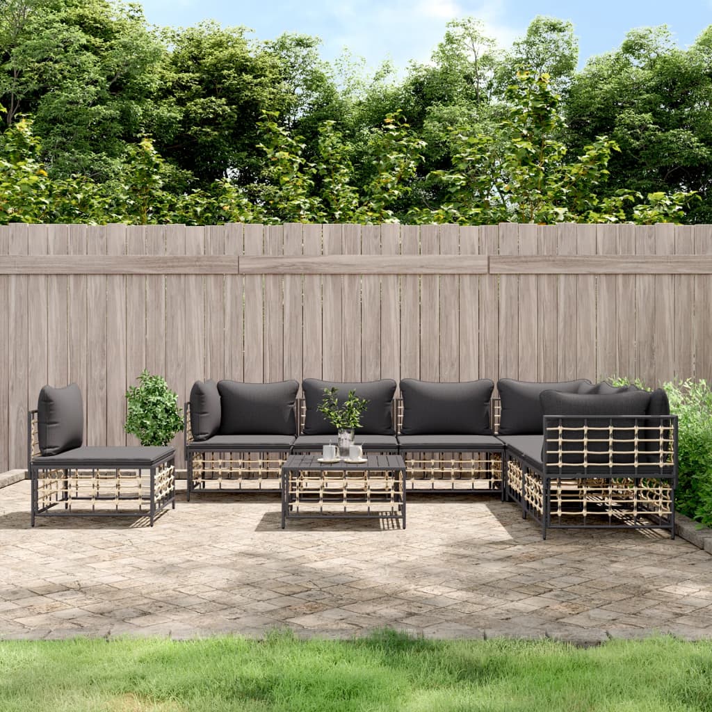 8-Delige Loungeset Met Kussens Poly Rattan Antracietkleurig 1 Donkergrijs 3x hoek + 4x midden + Tafel