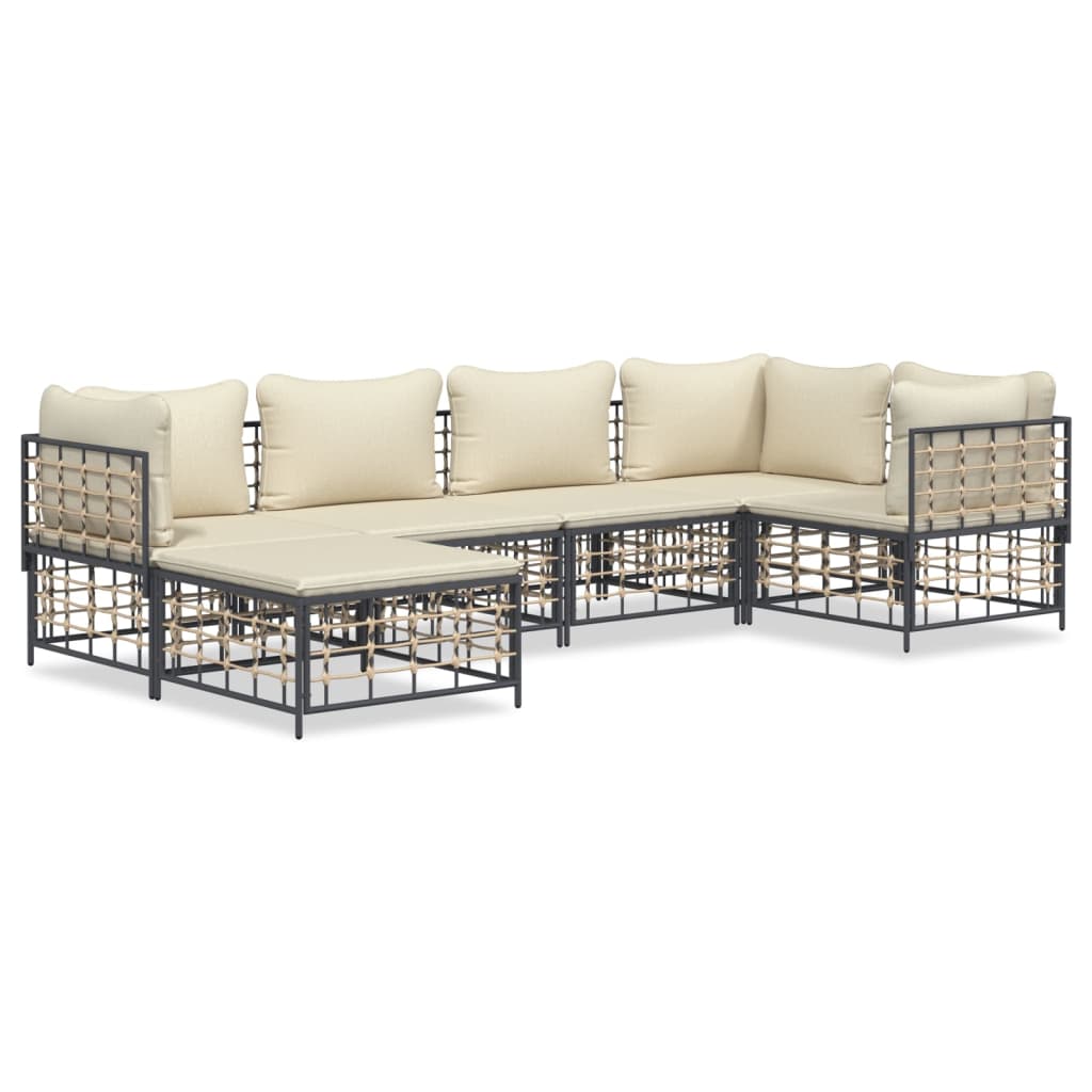 6-Delige Loungeset Met Kussens Poly Rattan Antracietkleurig 1 Beige 3x hoek + 2x midden + voetensteun