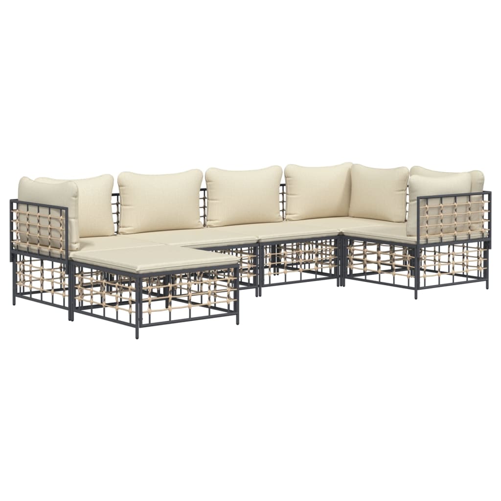 6-Delige Loungeset Met Kussens Poly Rattan Antracietkleurig 1 Beige 3x hoek + 2x midden + voetensteun