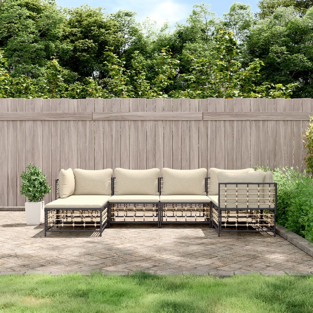 6-Delige Loungeset Met Kussens Poly Rattan Antracietkleurig 1 Beige 3x hoek + 2x midden + voetensteun