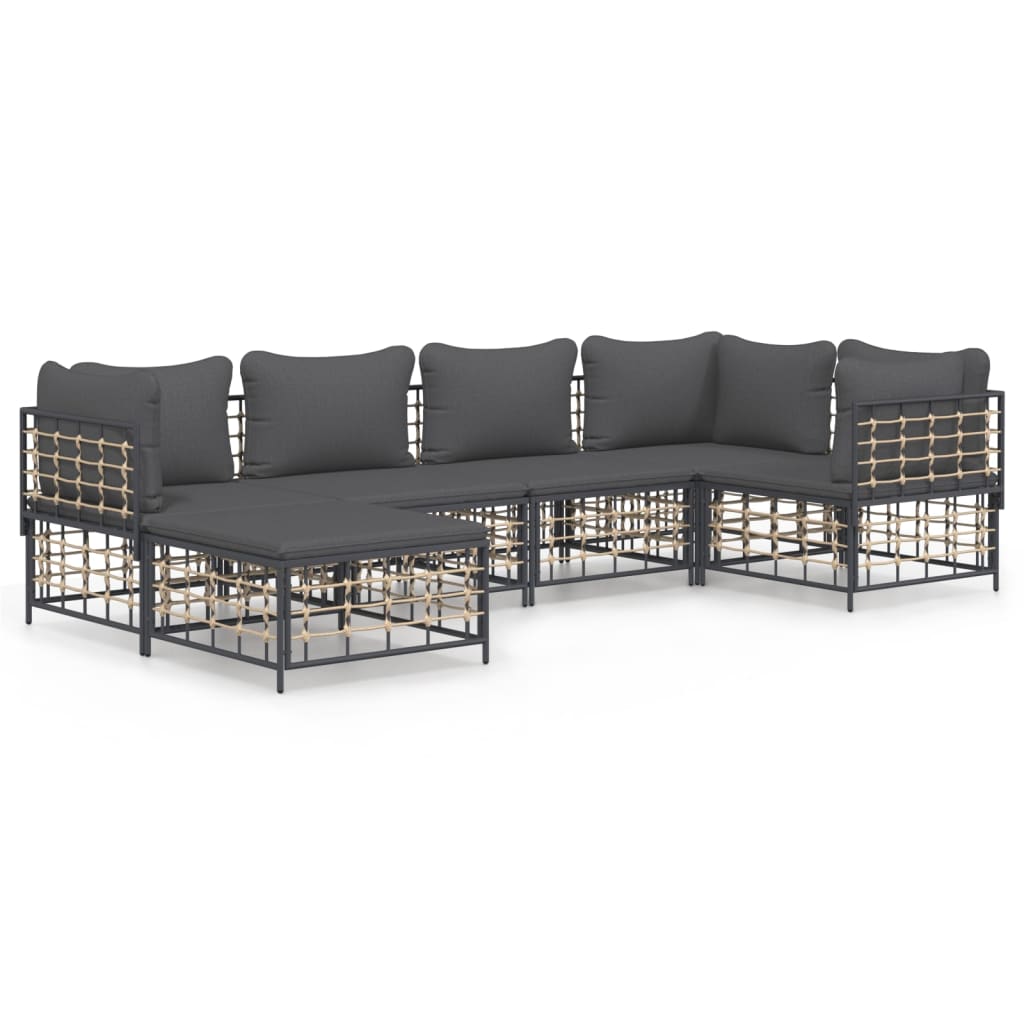 6-Delige Loungeset Met Kussens Poly Rattan Antracietkleurig 1 Donkergrijs 3x hoek + 2x midden + voetensteun