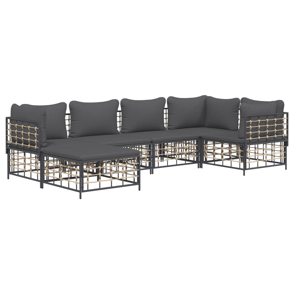 6-Delige Loungeset Met Kussens Poly Rattan Antracietkleurig 1 Donkergrijs 3x hoek + 2x midden + voetensteun