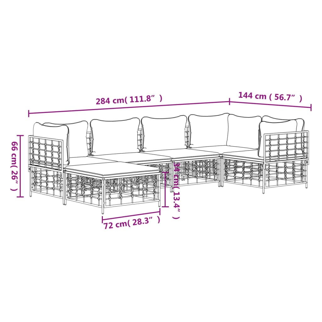 6-Delige Loungeset Met Kussens Poly Rattan Antracietkleurig 1 Donkergrijs 3x hoek + 2x midden + voetensteun