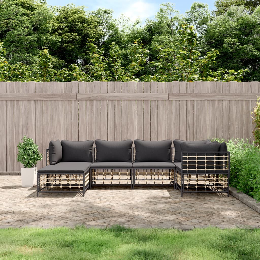 6-Delige Loungeset Met Kussens Poly Rattan Antracietkleurig 1 Donkergrijs 3x hoek + 2x midden + voetensteun