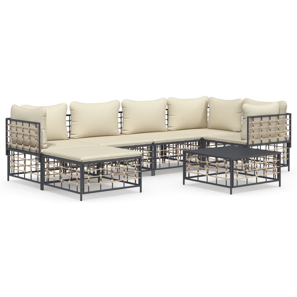 7-Delige Loungeset Met Kussens Poly Rattan Antracietkleurig 1 Beige 3x hoek + 2x midden + voetensteun + Tafel