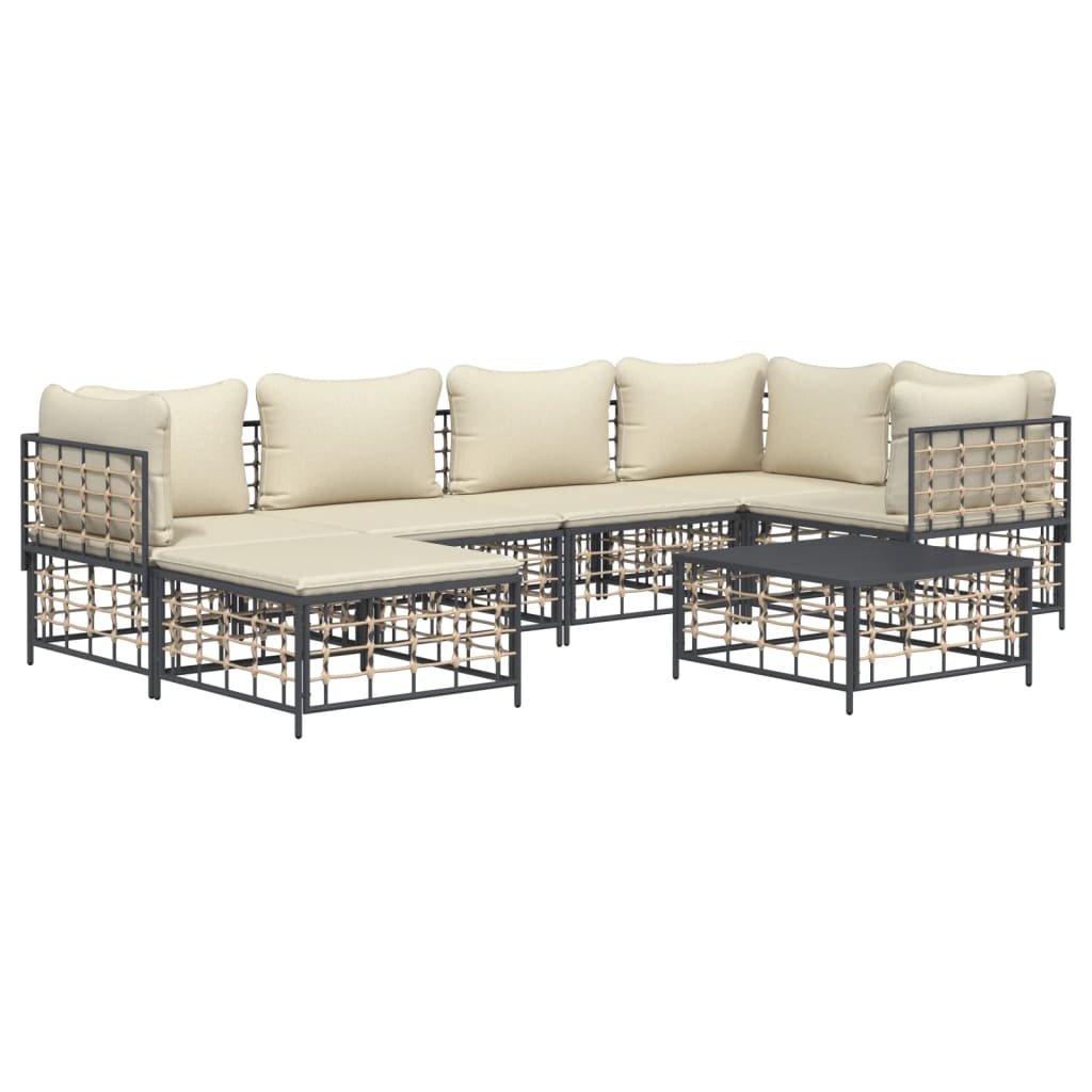 7-Delige Loungeset Met Kussens Poly Rattan Antracietkleurig 1 Beige 3x hoek + 2x midden + voetensteun + Tafel