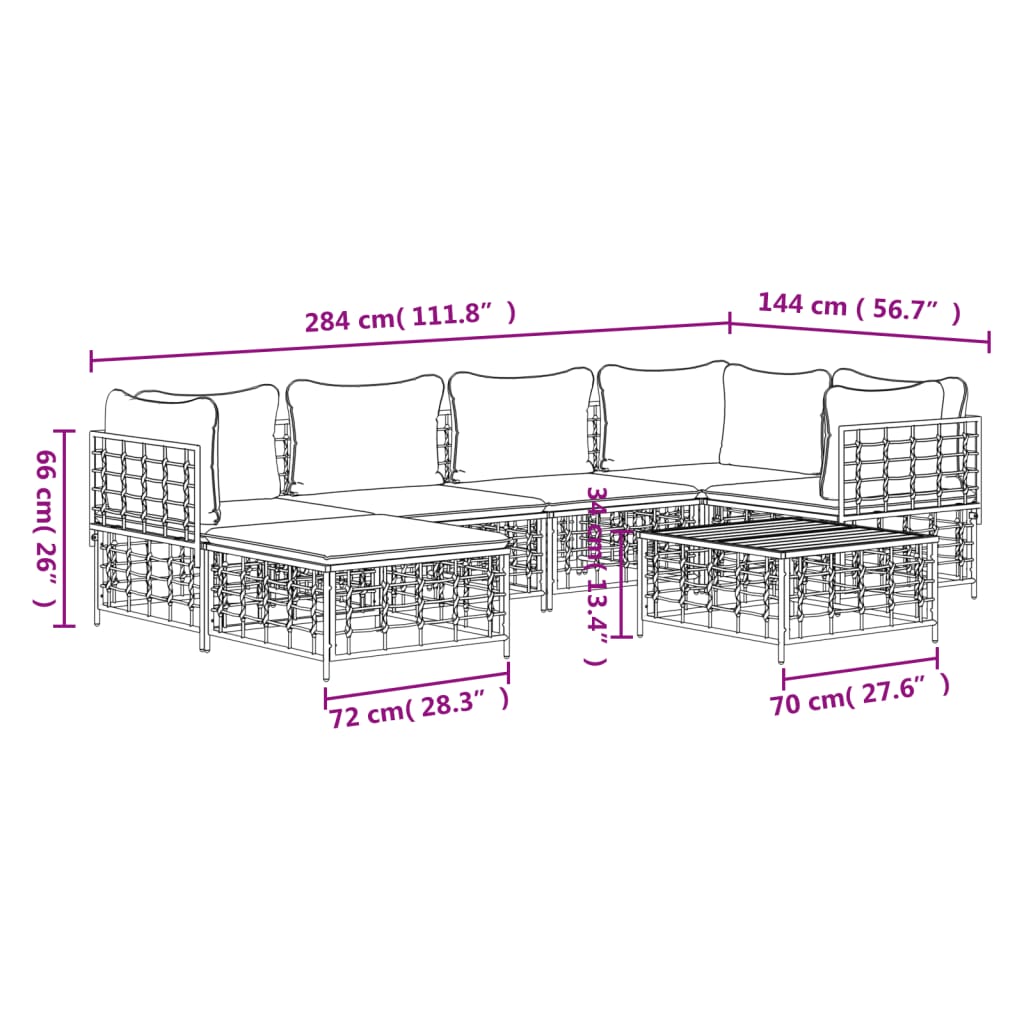 7-Delige Loungeset Met Kussens Poly Rattan Antracietkleurig 1 Beige 3x hoek + 2x midden + voetensteun + Tafel