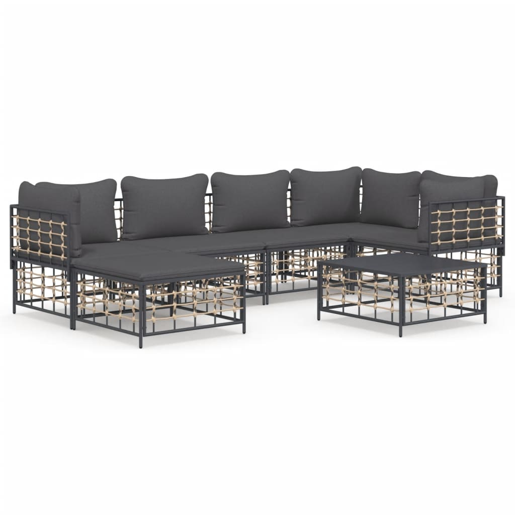 7-Delige Loungeset Met Kussens Poly Rattan Antracietkleurig 1 Donkergrijs 3x hoek + 2x midden + voetensteun + Tafel