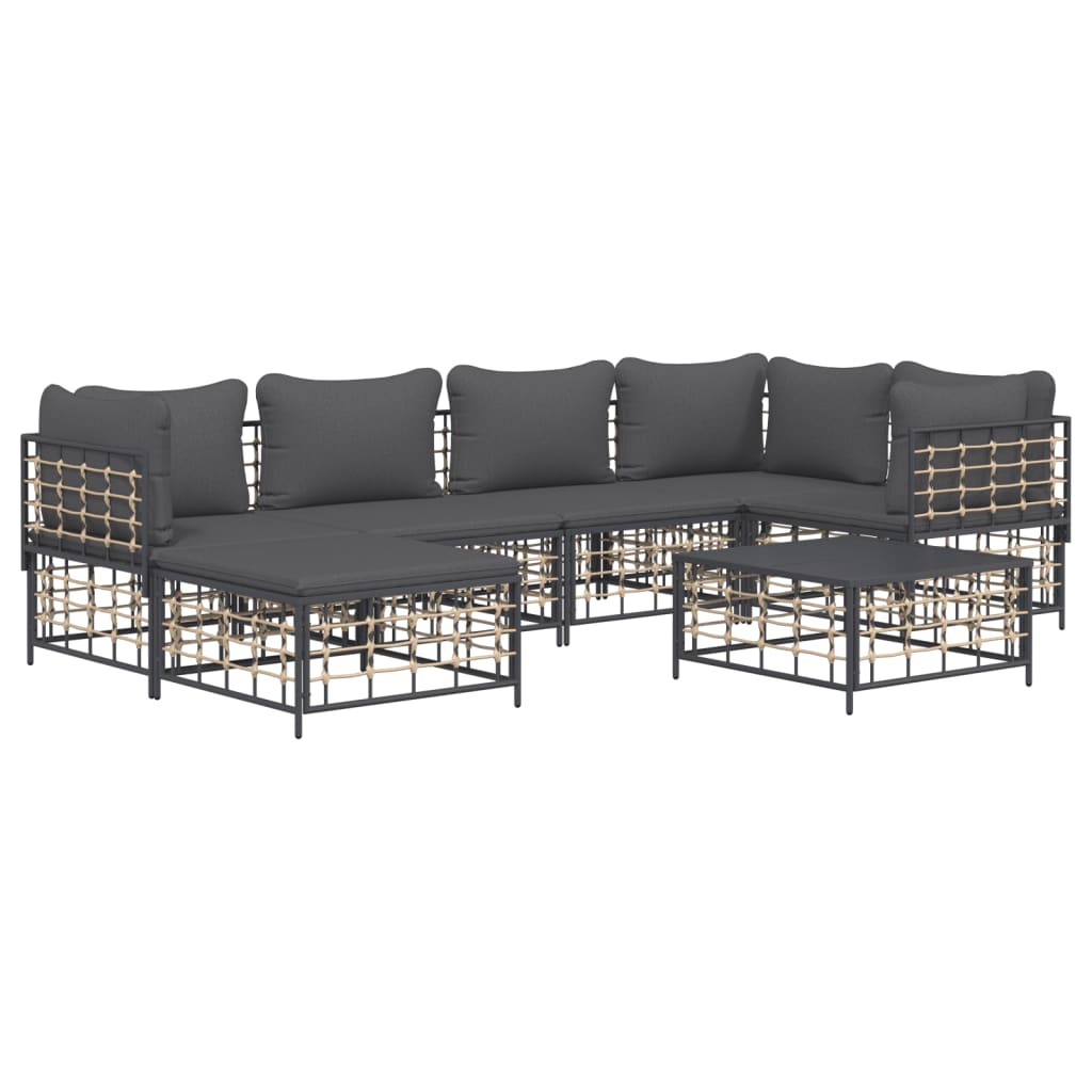 7-Delige Loungeset Met Kussens Poly Rattan Antracietkleurig 1 Donkergrijs 3x hoek + 2x midden + voetensteun + Tafel