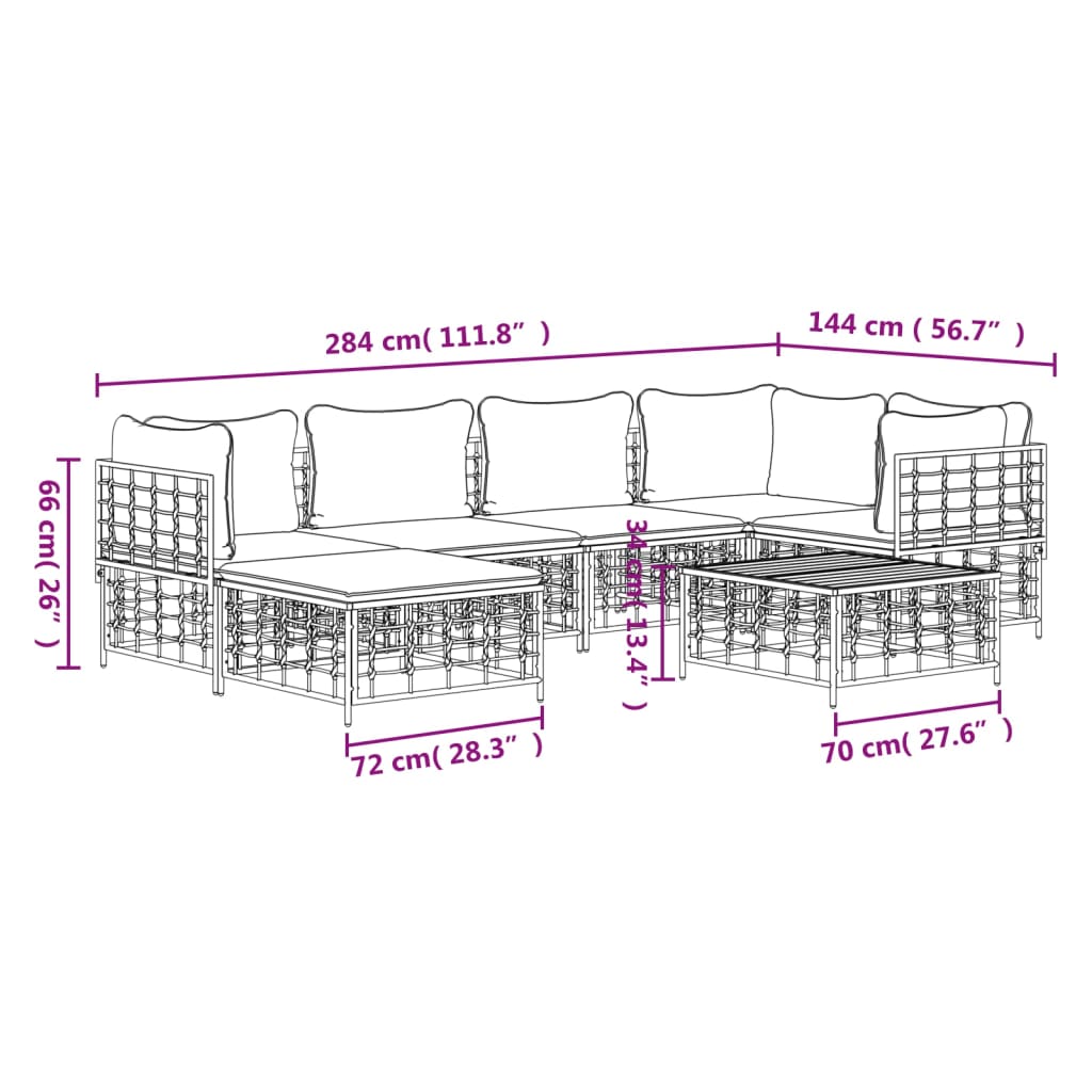 7-Delige Loungeset Met Kussens Poly Rattan Antracietkleurig 1 Donkergrijs 3x hoek + 2x midden + voetensteun + Tafel