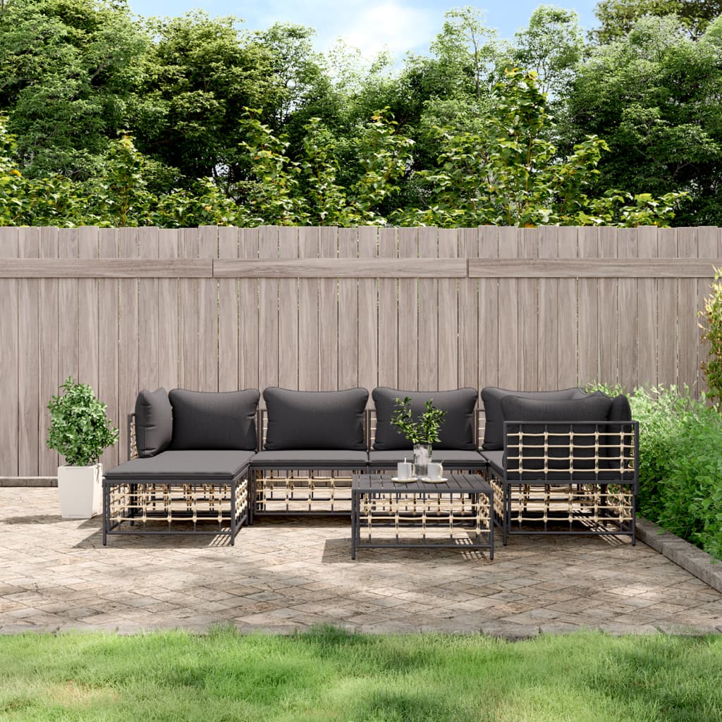 7-Delige Loungeset Met Kussens Poly Rattan Antracietkleurig 1 Donkergrijs 3x hoek + 2x midden + voetensteun + Tafel