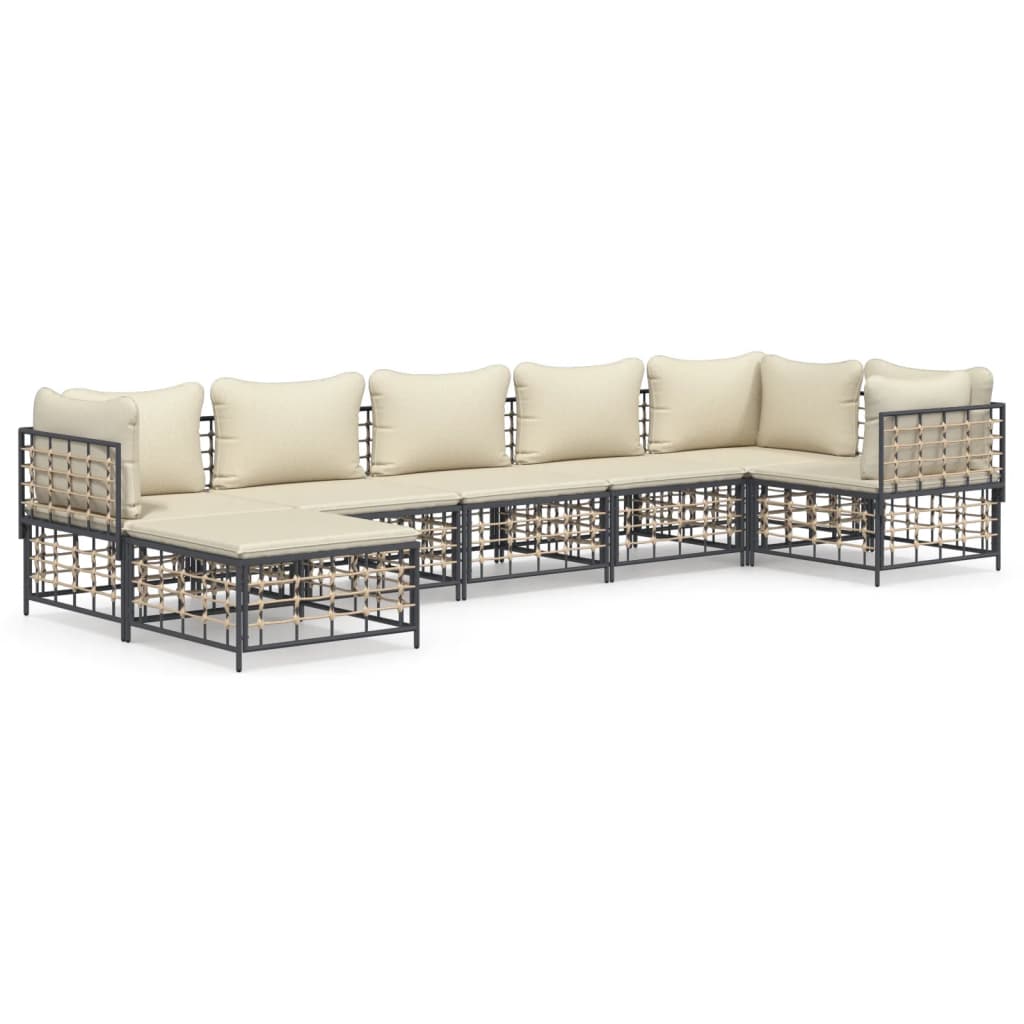 7-Delige Loungeset Met Kussens Poly Rattan Antracietkleurig 1 Beige 3x hoek + 3x midden + voetensteun