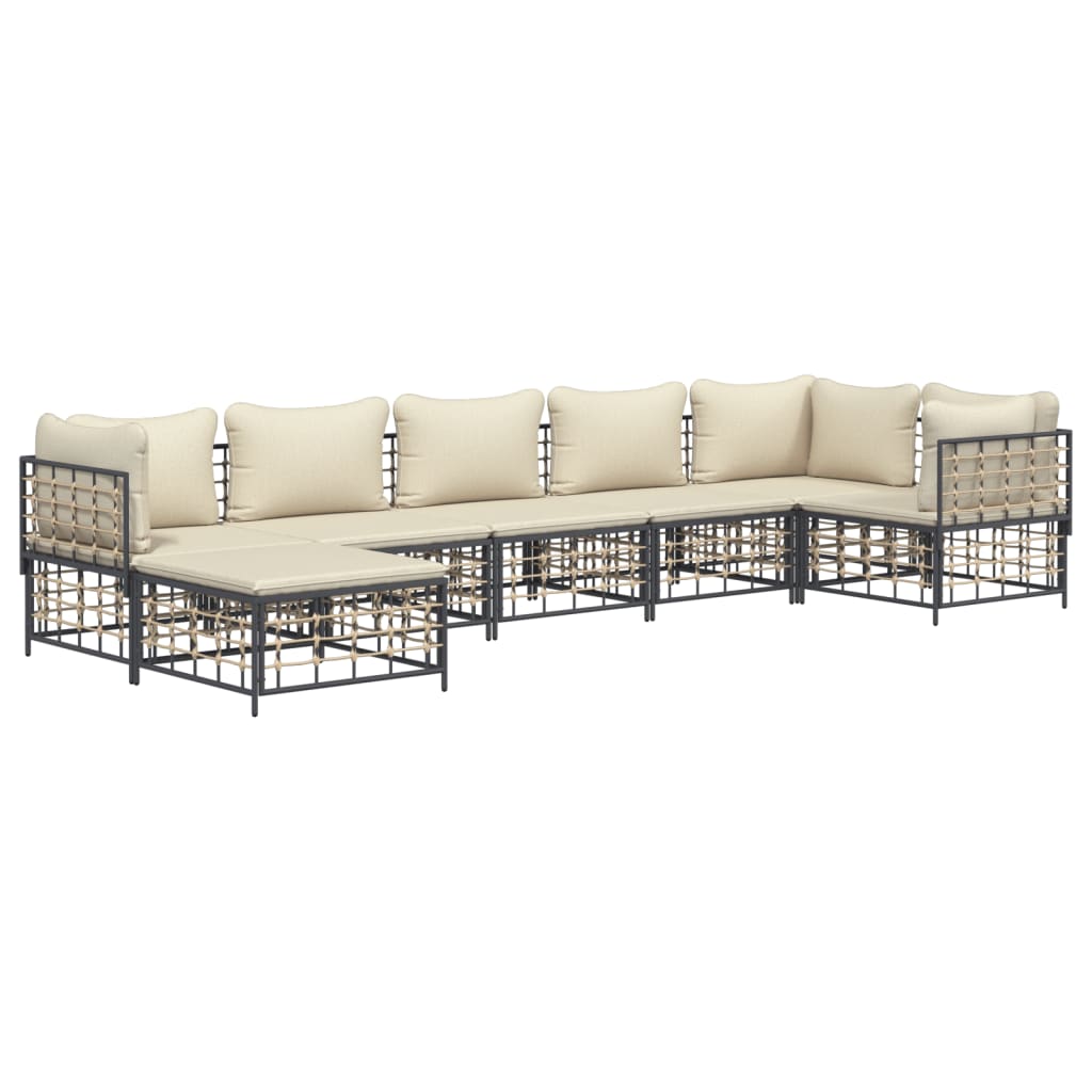 7-Delige Loungeset Met Kussens Poly Rattan Antracietkleurig 1 Beige 3x hoek + 3x midden + voetensteun