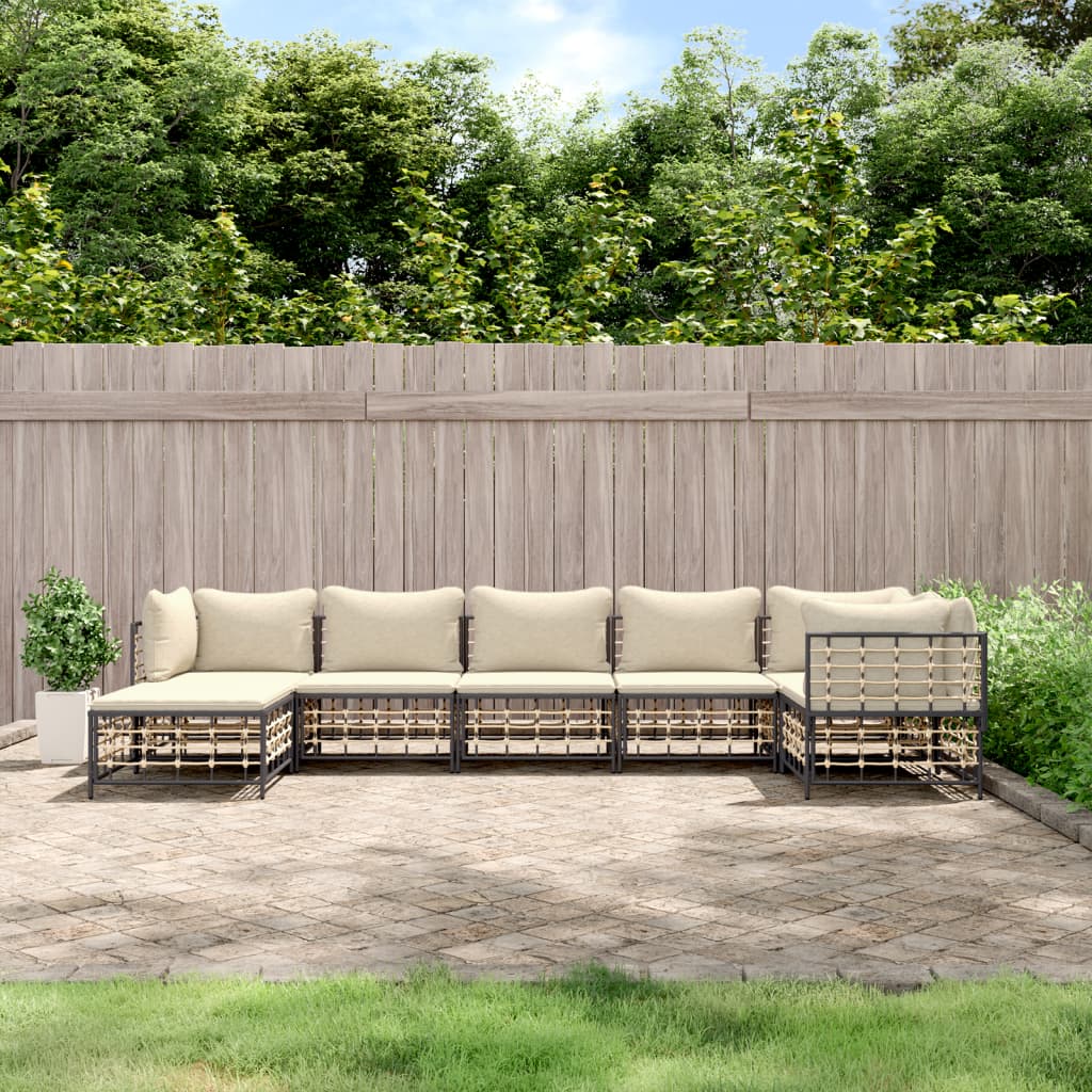 7-Delige Loungeset Met Kussens Poly Rattan Antracietkleurig 1 Beige 3x hoek + 3x midden + voetensteun