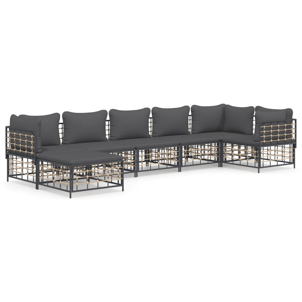 7-Delige Loungeset Met Kussens Poly Rattan Antracietkleurig 1 Donkergrijs 3x hoek + 3x midden + voetensteun