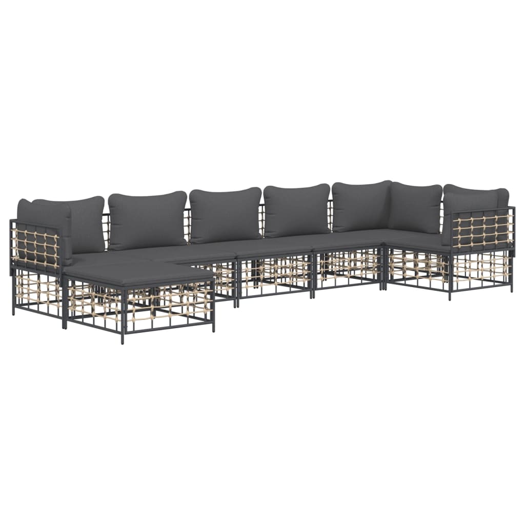 7-Delige Loungeset Met Kussens Poly Rattan Antracietkleurig 1 Donkergrijs 3x hoek + 3x midden + voetensteun